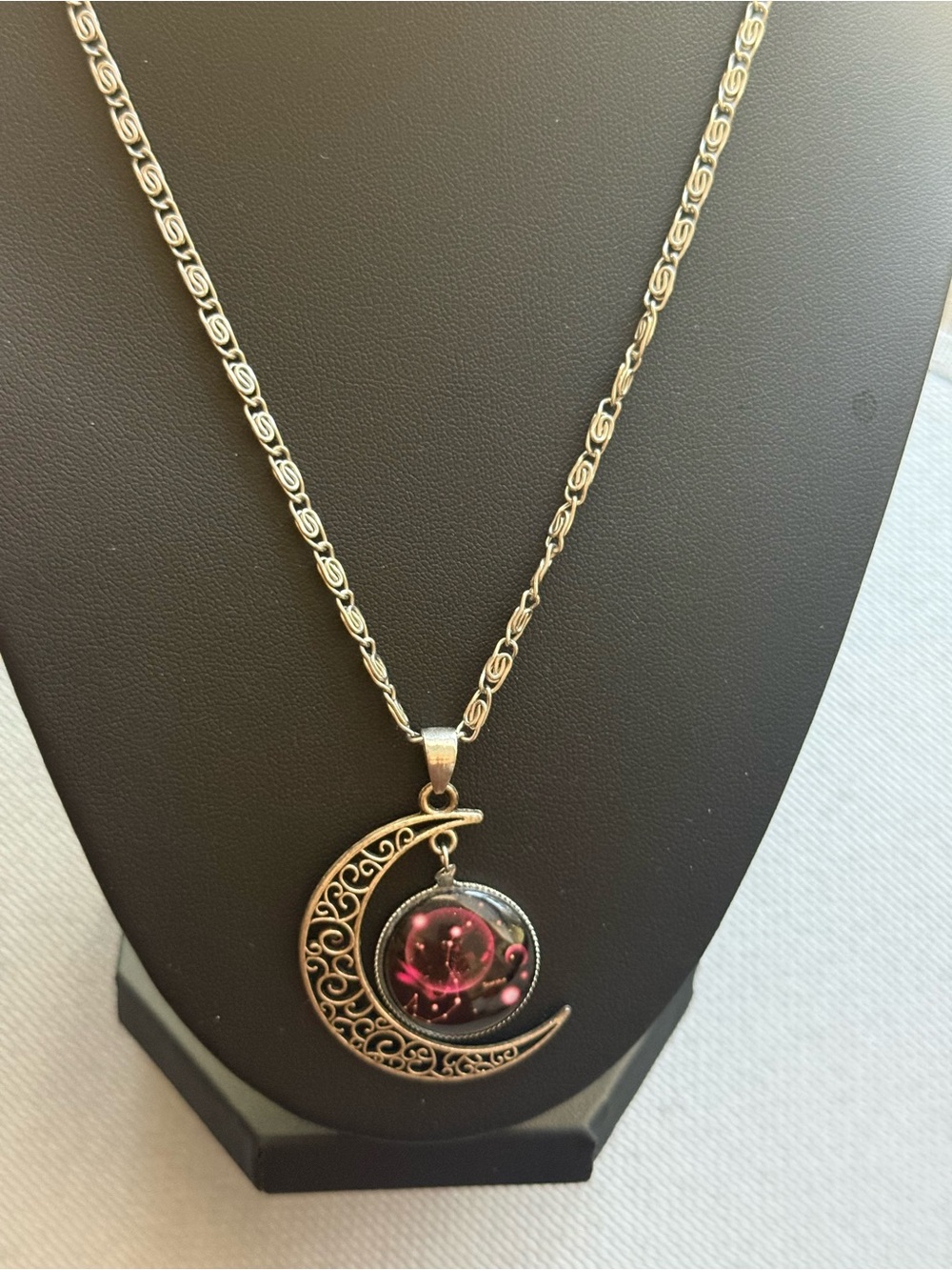 Silver Crescent Moon Pendant Necklace with Pink Galaxy Aquarius